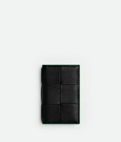 Bottega Veneta Cassette Flap Card Case In Black / Parakeet