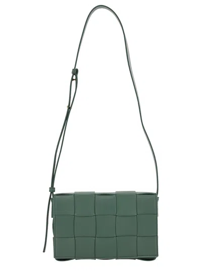 Bottega Veneta 'cassette' Green Crossbody Bag With Intreccio Motif In Leather Woman