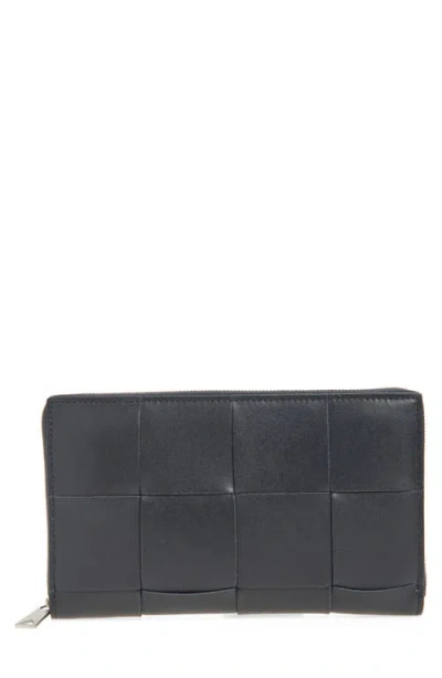 Bottega Veneta Cassette Intrecciato Leather Zip Around Continental Wallet In Black