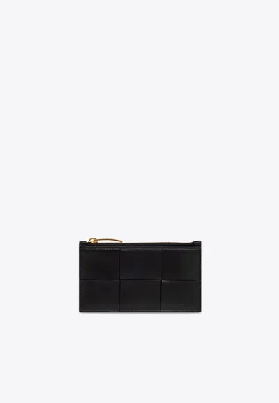 Bottega Veneta Cassette Intrecciato Leather Zip Cardholder In Black