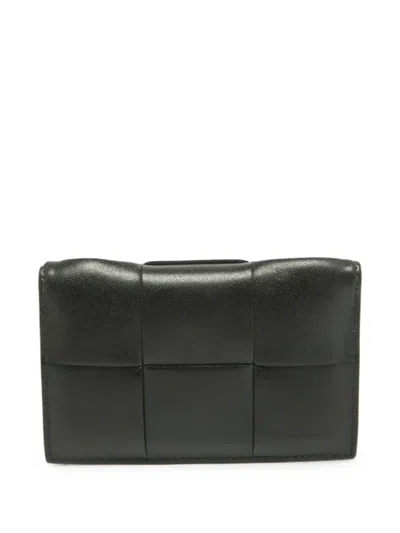 Pre-owned Bottega Veneta Cassette Intrecciato-leather Card Holder In Black