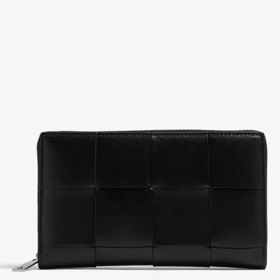 Bottega Veneta Cassette Intreccio Leather Zip-around Wallet In ["black","silver Tone","two Tone"]