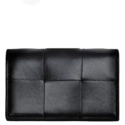 Bottega Veneta Cassette Leather Business Card Holder In ["black","gold Tone"]