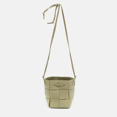 Pre-owned Bottega Veneta Cassette Mini Sage Green Intreccio Leather Bucket Bag