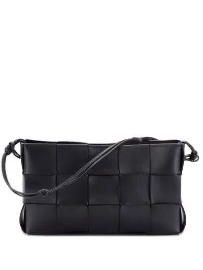 Pre-owned Bottega Veneta Cassette Pouch On Strap Maxi Intrecciato Leather Shoulder Bag In Black