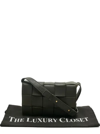 Pre-owned Bottega Veneta Cassette Woven-leather Shoulder Bag In Green
