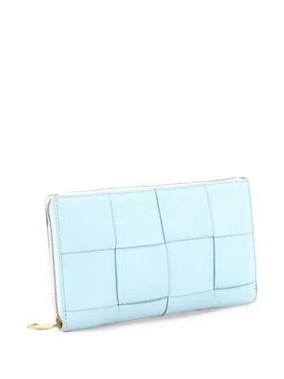 Pre-owned Bottega Veneta Cassette Zip Around Wallet Maxi Intrecciato Leather Long Small Wallets In Blue