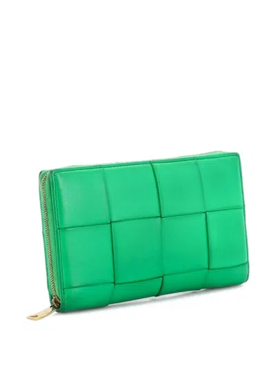 Pre-owned Bottega Veneta Cassette Zip Around Wallet Maxi Intrecciato Leather Long Small Wallets In Green