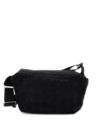 Pre-owned Bottega Veneta Cassette Zip Maxi Intrecciato Webbed Canvas Crossbody Bag In Black