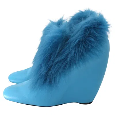 Pre-owned Bottega Veneta Cerulean Blue Leather And Fur-lined Leather Wedges, Size 39