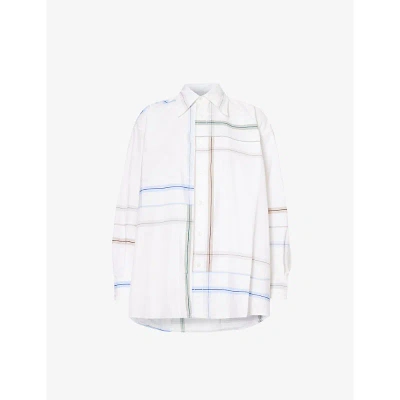 Bottega Veneta Womens White Blue Green Tau Checked Dropped-shoulder Relaxed-fit Cotton Shirt