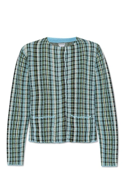 Bottega Veneta Checked Round Neck Cardigan In Black/brown/mint