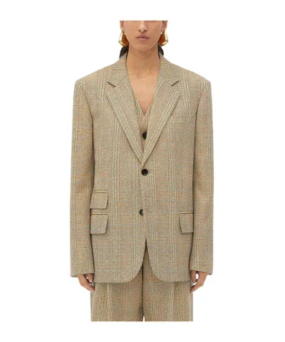 Bottega Veneta Checked Wool Suit Coat In Beige/yellow/blue
