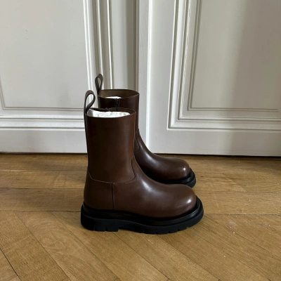 Pre-owned Bottega Veneta Chestnut Zip Leather Lug Boots In Brown