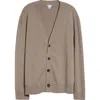 Bottega Veneta Classic Cashmere Blend V-neck Cardigan With Intrecciato Leather Elbow Patches In Brown