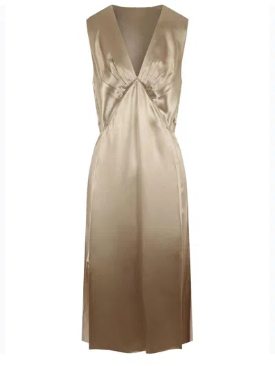 Bottega Veneta Fluid Satin Midi Dress In Sesame