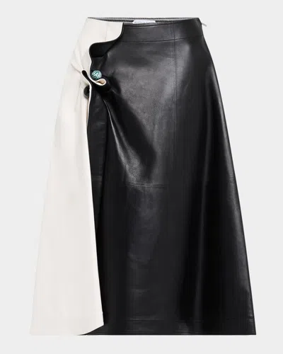 Bottega Veneta Colorblock Leather Gathered Midi Skirt In Beigeblac