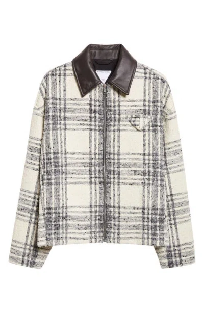 Bottega Veneta Compact Bouclé Check Wool Blend Jacket With Leather Trim In White