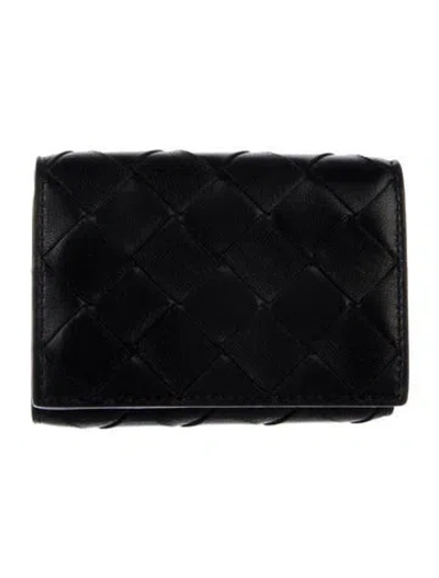 Pre-owned Bottega Veneta Compact Trifold Intrecciato Weave Continental Wallet In Black
