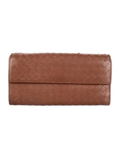 Pre-owned Bottega Veneta Continental Intrecciato Weave Continental Wallet In Brown