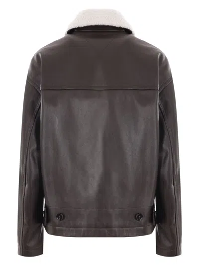 BOTTEGA VENETA BROWN CONTRAST-COLLAR LEATHER JACKET
