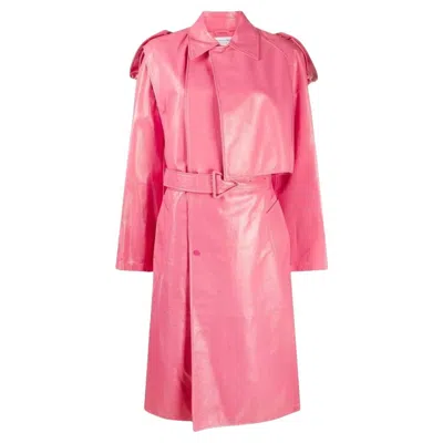 Pre-owned Bottega Veneta Convertible Crinkled Glossed-leather Trench Coat In Pink