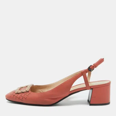 Pre-owned Bottega Veneta Coral Pink Leather Block Heel Slingback Pumps Size 39