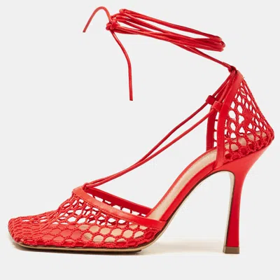 Pre-owned Bottega Veneta Coral Red Mesh And Leather Stretch Wrap Pumps Size 38