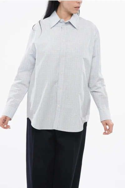 Bottega Veneta Cotton And Linen Blend Shirt With Checkered Motif In Purple
