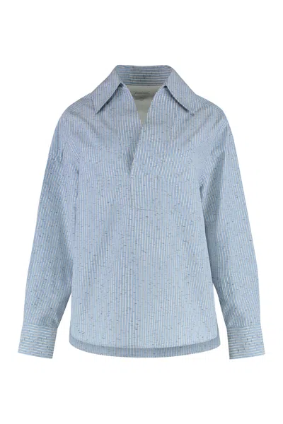 Bottega Veneta Cotton And Linen Blouse With Rounded Hem In Light Blue