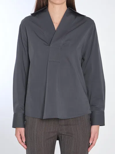 Bottega Veneta V-neck Cotton Shirt Pleated Back In Grey