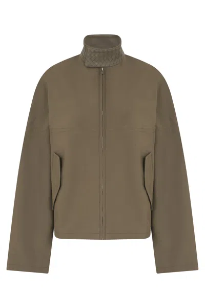 Bottega Veneta Cotton Jacket With Braided Leather Collar In Green