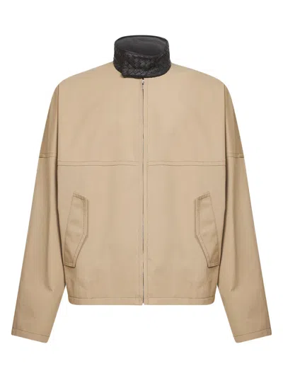 Bottega Veneta Cotton Jacket With Intrecciato Collar And Zip Closure In Neutral