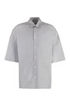 Bottega Veneta Striped Overshirt With Bv Embroidery In Grey