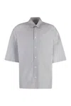 Bottega Veneta Striped Overshirt With Bv Embroidery In Grey