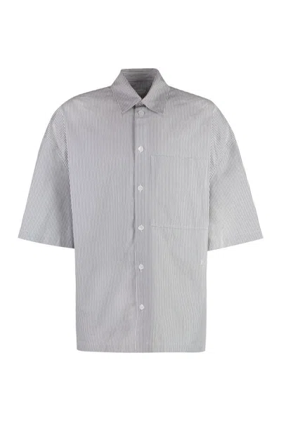 Bottega Veneta Striped Overshirt With Bv Embroidery In Gray