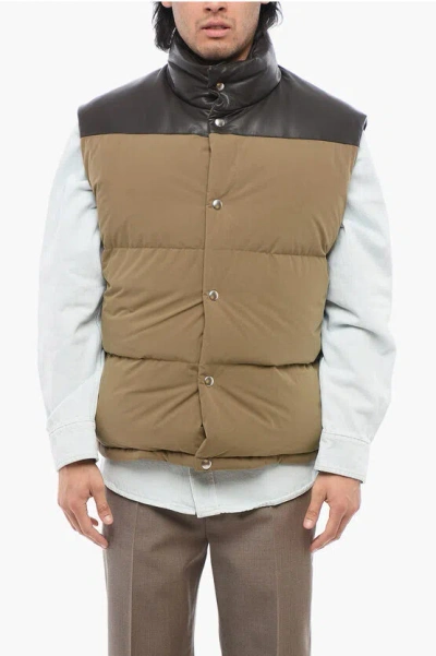 Bottega Veneta Cotton Sleeveless Down Jacket With Lambskin Detail In Brown