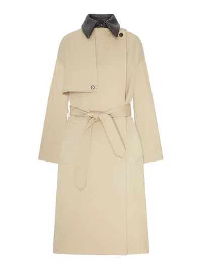 Bottega Veneta Cotton Trench Coat With Woven Leather Collar In Neutral