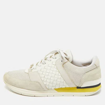Pre-owned Bottega Veneta Cream/grey Intrecciato Leather And Suede Lace Up Sneakers Size 42