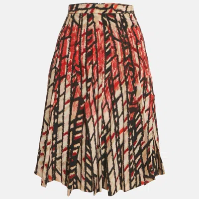 Pre-owned Bottega Veneta Cream/red Printed Silk Knee-length Skirt S In White