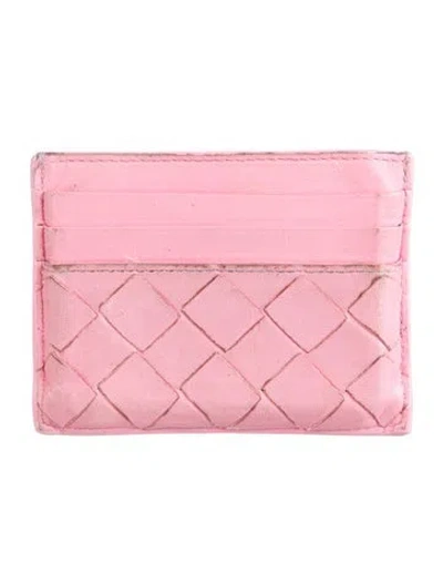 Pre-owned Bottega Veneta Credit Card Case Intrecciato Weave Card Holder In Pink