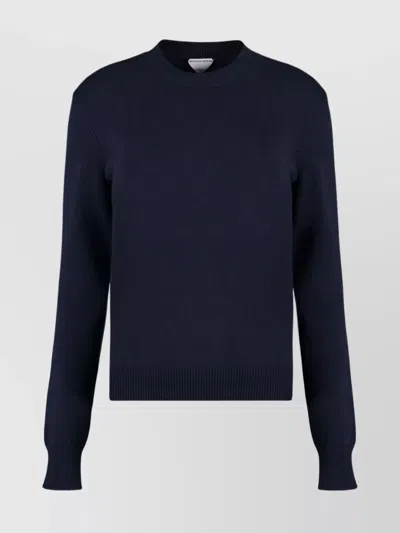 Bottega Veneta Crew Neck Cashmere Sweater With Leather Elbow Patches In Blue