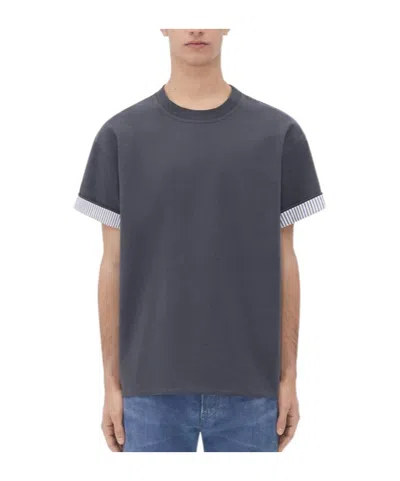 Bottega Veneta Double Layer Striped Cotton T-shirt In Grey