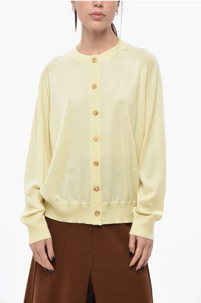 Bottega Veneta Crew Neck Pure Cashmere Cardigan In Yellow