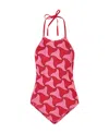 Bottega Veneta Crinkle Ghost Halterneck Swimsuit In Red
