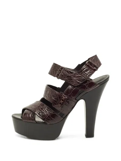 Pre-owned Bottega Veneta Croc-embossed Ankle-strap Leather Heeled Sandals In Brown
