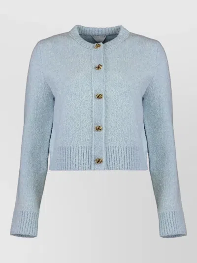 Bottega Veneta Cropped Boucle Wool Cardigan Round Neck In Blue