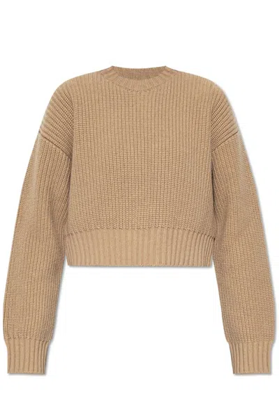 Bottega Veneta Crew Neck Cropped Wool Blend Sweater In Beige