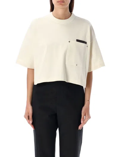 Bottega Veneta Cropped T-shirt With Leather Detail In Soap_white