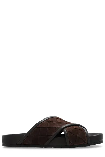 Bottega Veneta Fondant Brown Suede Leather Tarik Criss Cross Sandal In Black